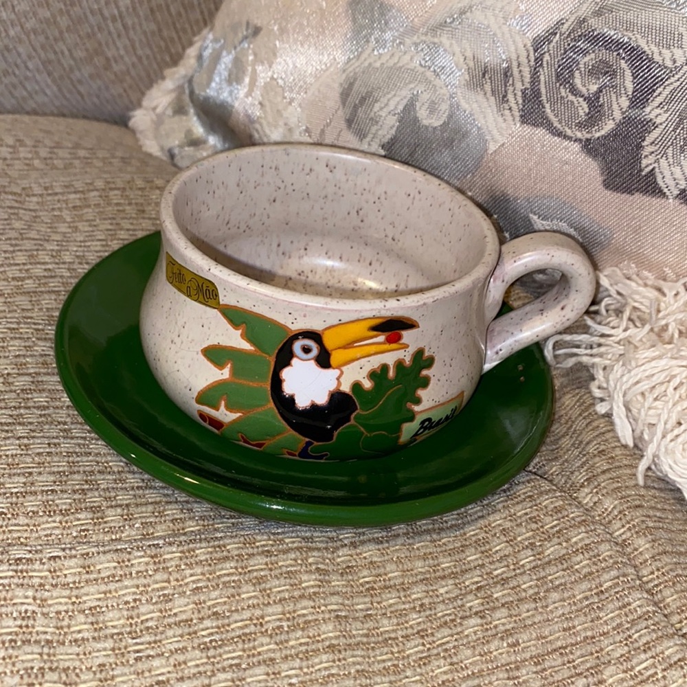 🇧🇷 NWT Vintage Brazilian Handmade Pottery Toucan Mug & Plate - Picture 2 of 12